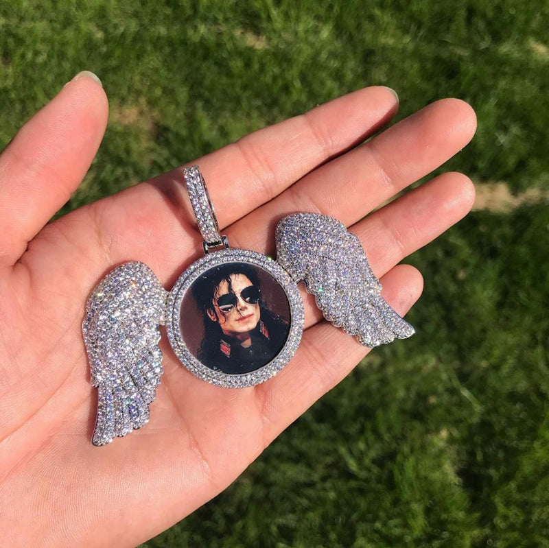 THE BLING KING White Angel Wings Custom Photo Pendant Necklace