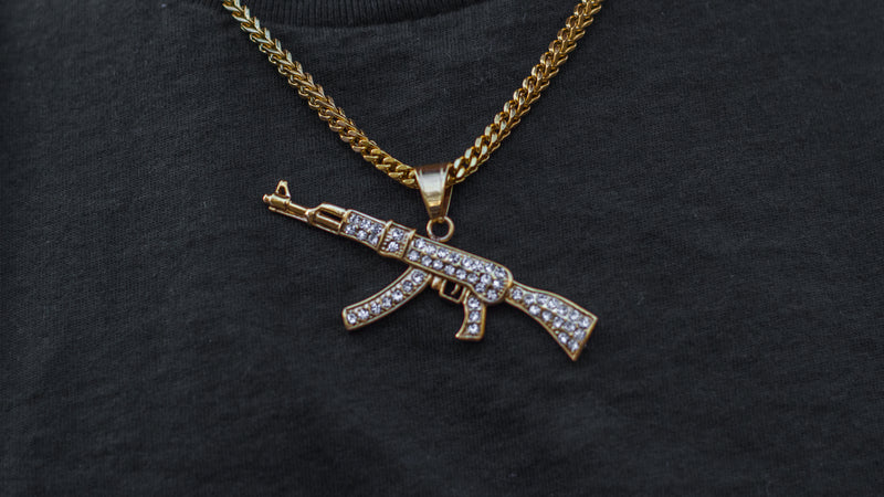 Men Cool AK47 Rifle Shape Pendant & Chain 18K Gold Plated Rock Army Style  Personalized Necklace Jewelry,Chain 22